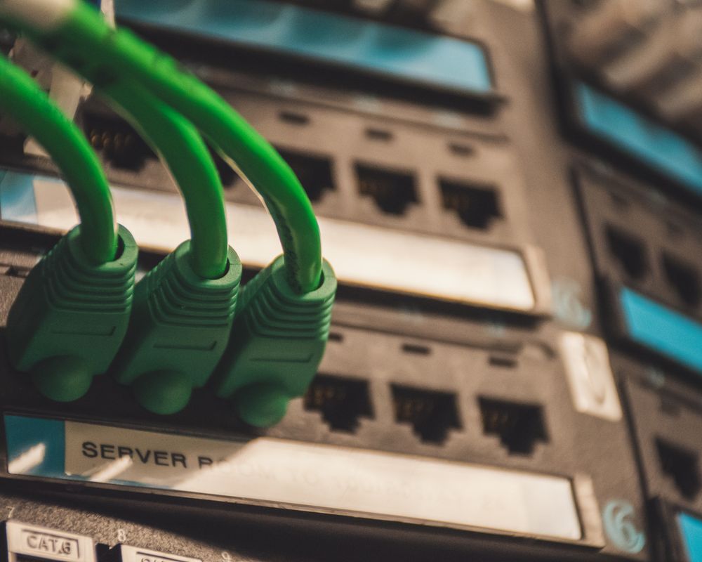 Cabluri de rețea verzi conectate în porturile unui switch
