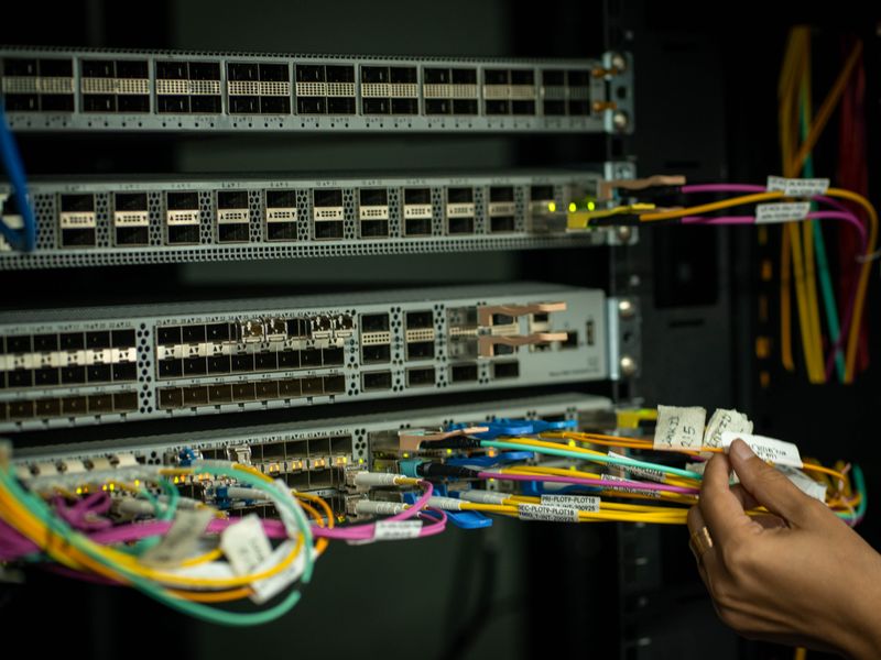 Mâini conectând cabluri de patch colorate într-un panou de distribuție
