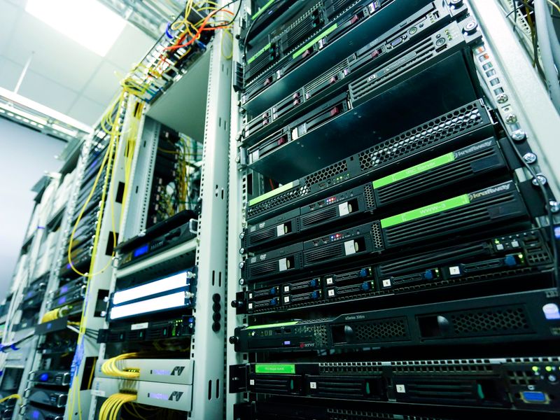 Rack de servere văzut de jos, cu echipamente și cablare organizată